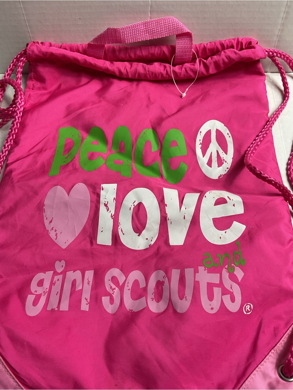 Bright Pink Peace Love Drawstring Backpack for Kids